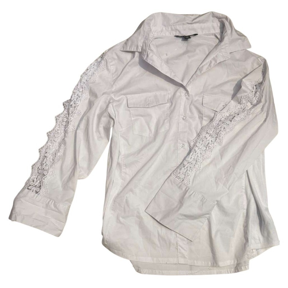 Zac & Rachel Womens XL White Lace Crochet Sleeve Button Down Blouse Shirt Top